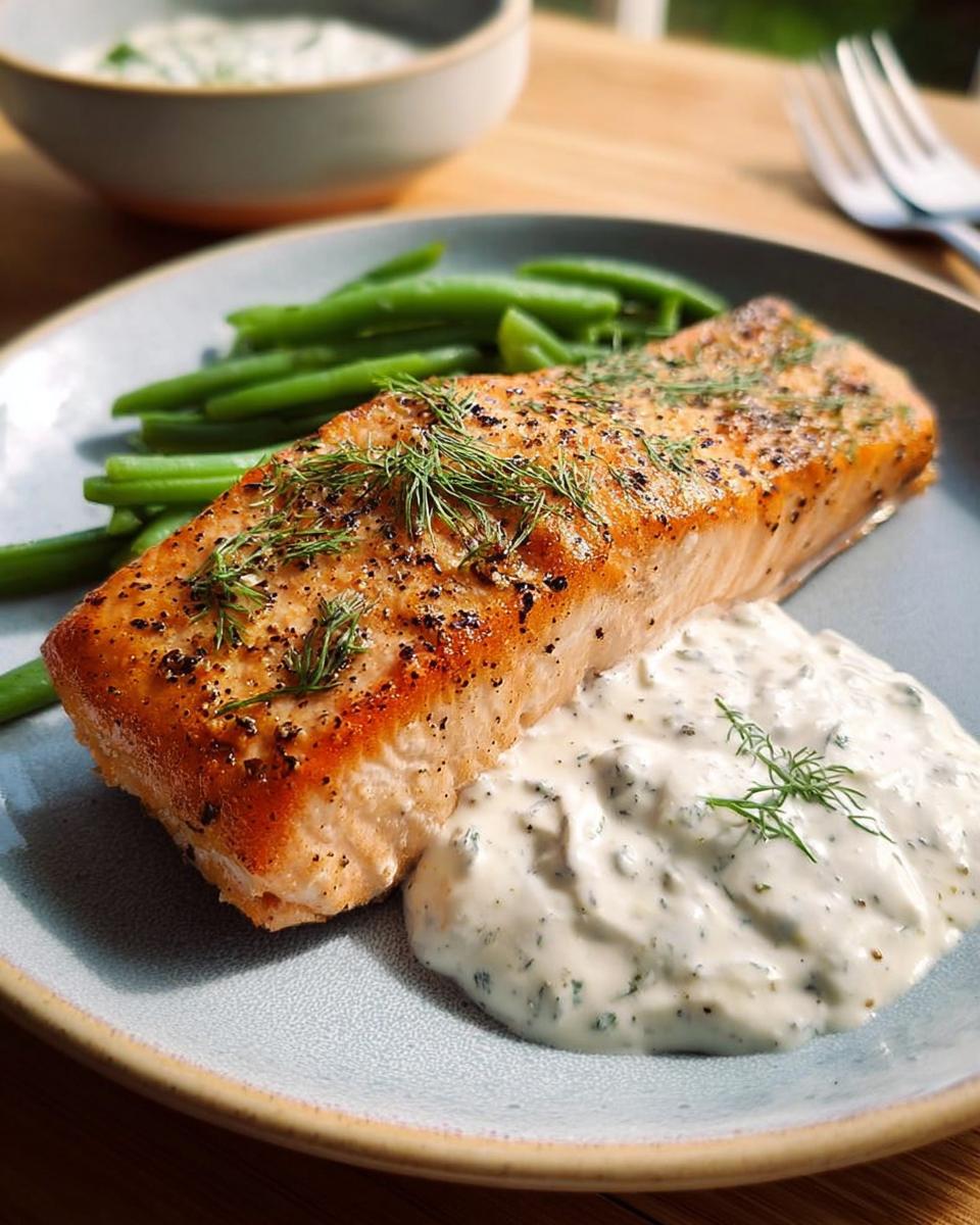 A perfectly cooked salmon fillet served with green beans and a creamy dill sauce, a delicious salmon recipe.