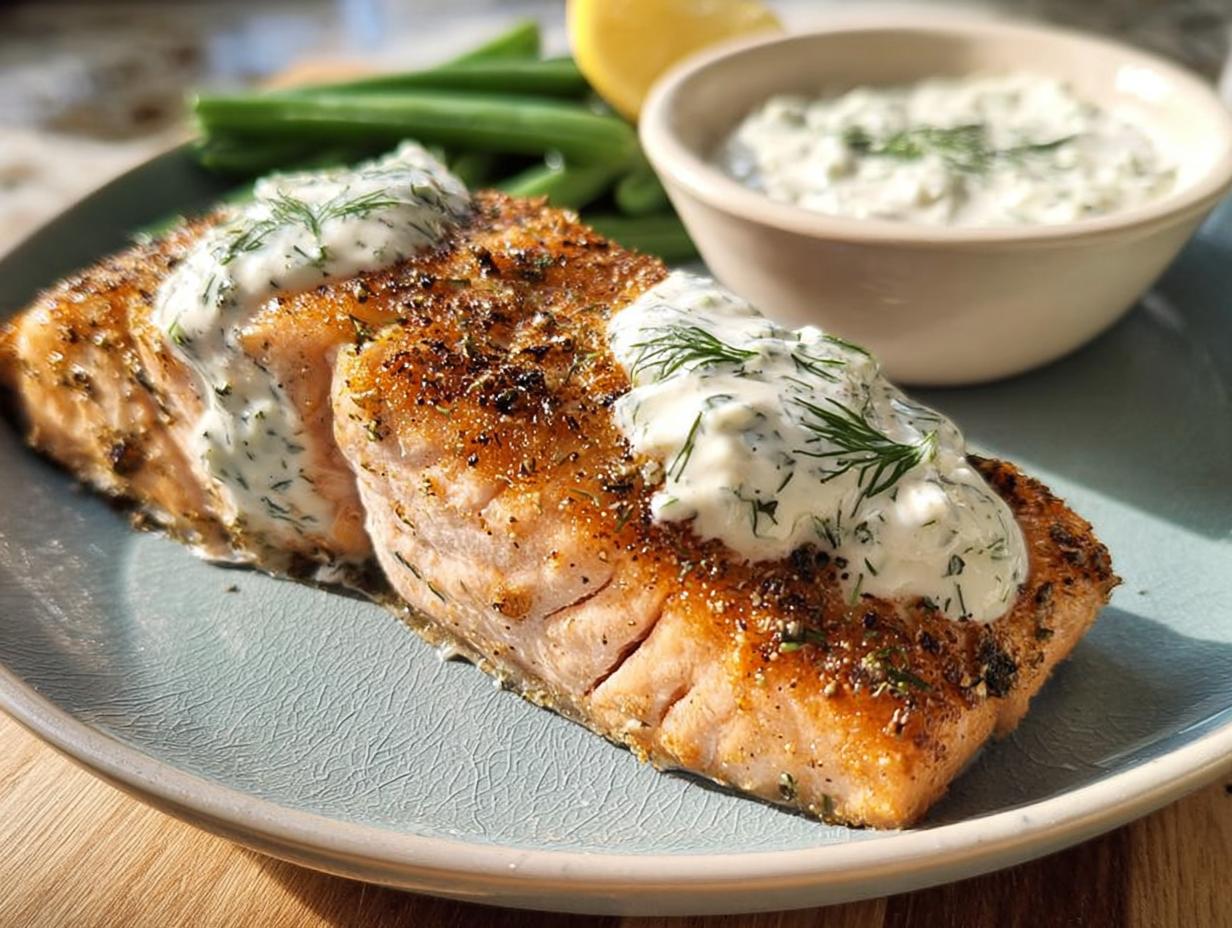 A perfectly cooked salmon fillet topped with creamy dill sauce, served with green beans and a lemon wedge.