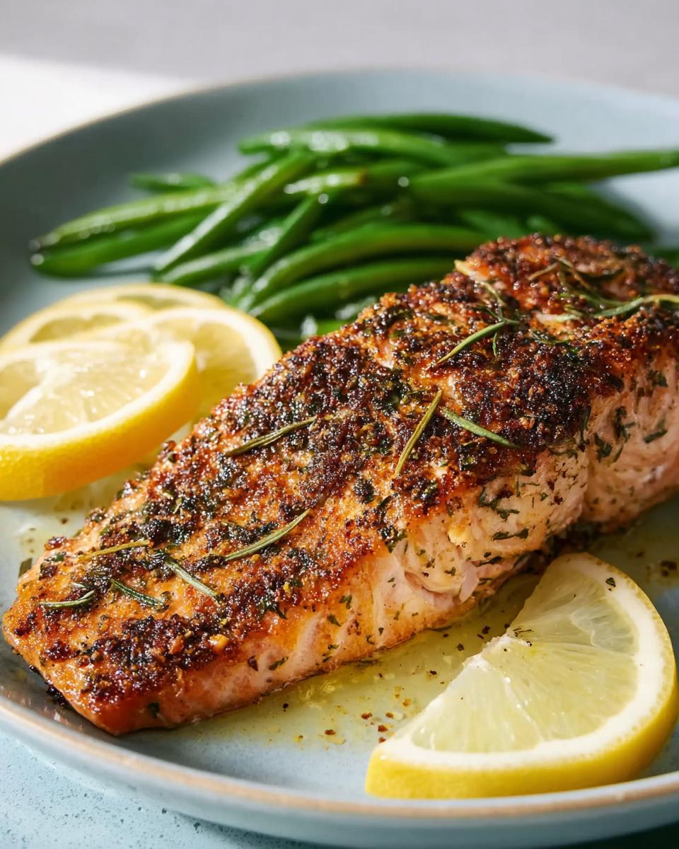 A close-up of a perfectly cooked salmon fillet seasoned with herbs and served with lemon slices and green beans.