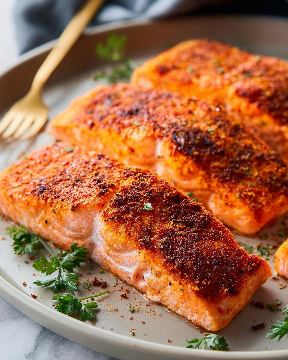 Close-up of three seasoned salmon fillets, a delicious option for salmon recipes, garnished with parsley.