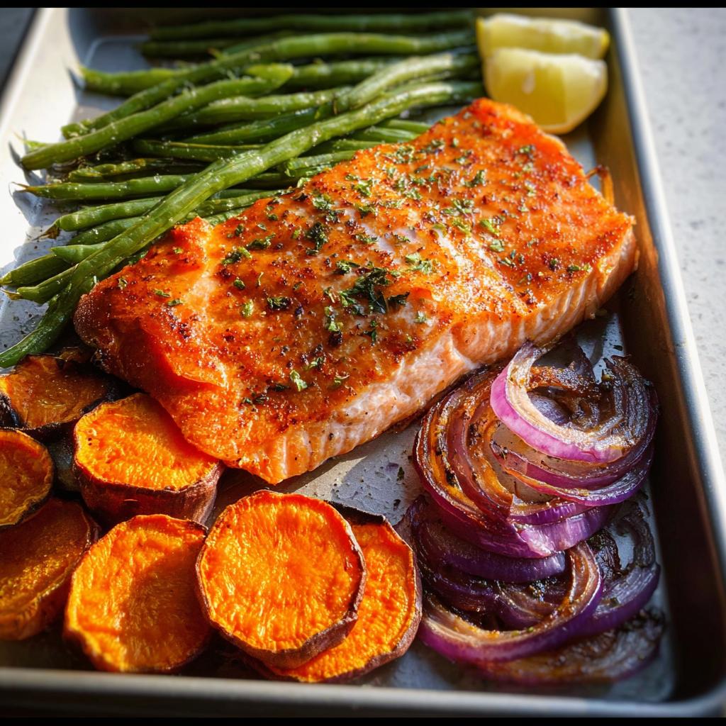 A delicious sheet pan meal prep featuring a perfectly cooked salmon fillet with roasted sweet potatoes, green beans, and red onion.