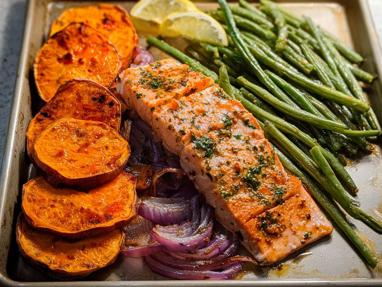 A delicious sheet pan meal prep featuring baked salmon, roasted sweet potato slices, and green beans, perfect for salmon recipes.
