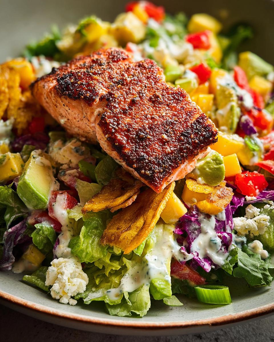 A vibrant and fresh salad topped with a perfectly cooked salmon fillet, avocado, mango, and a creamy dressing.