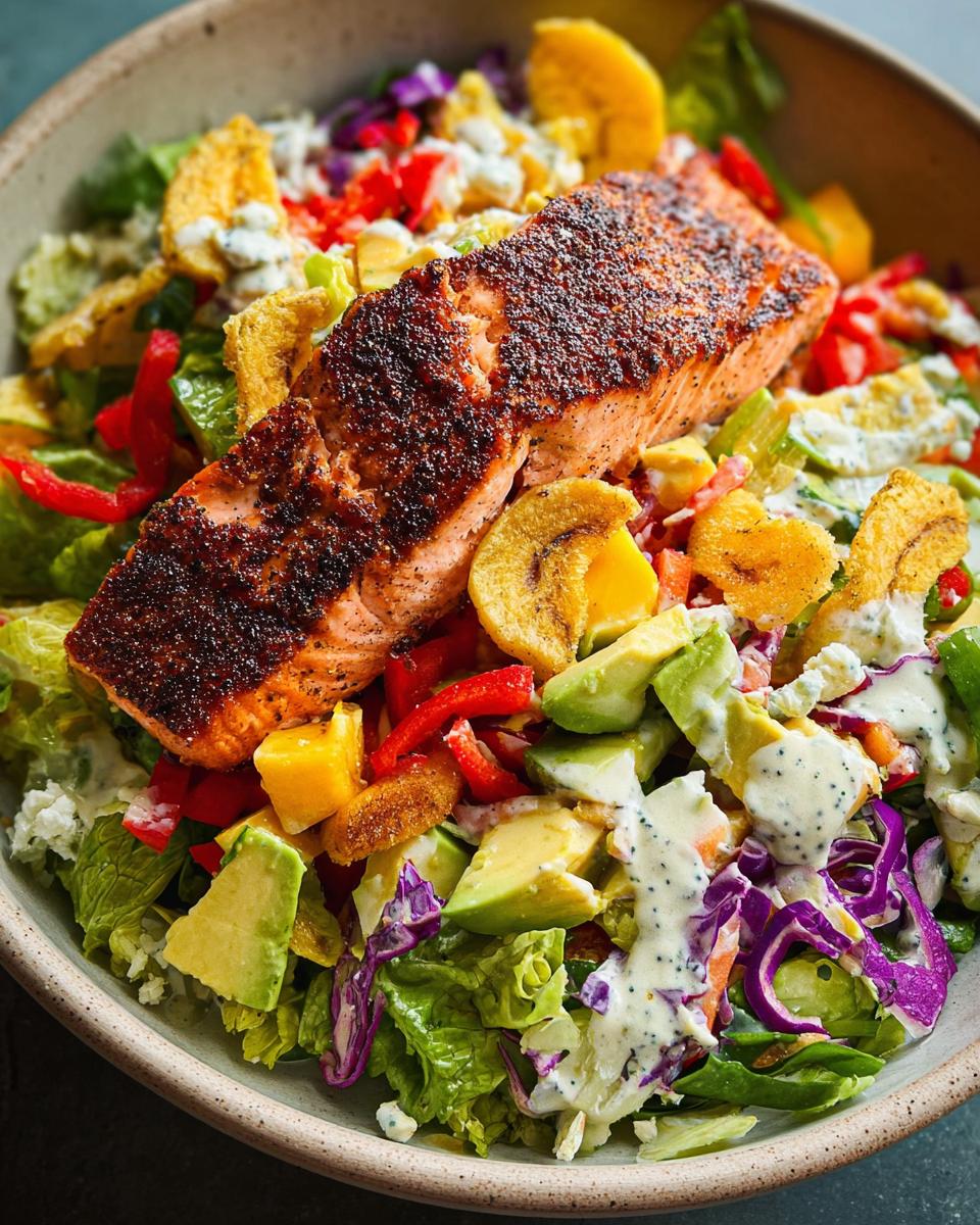 A vibrant salad topped with a perfectly cooked salmon fillet, featuring avocado, red pepper, and plantain chips.
