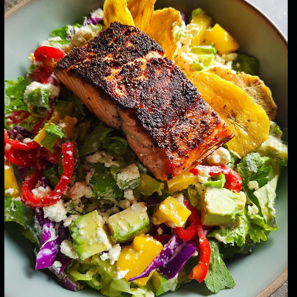 A vibrant salad topped with a perfectly cooked salmon fillet, featuring avocado, bell peppers, and plantain chips.