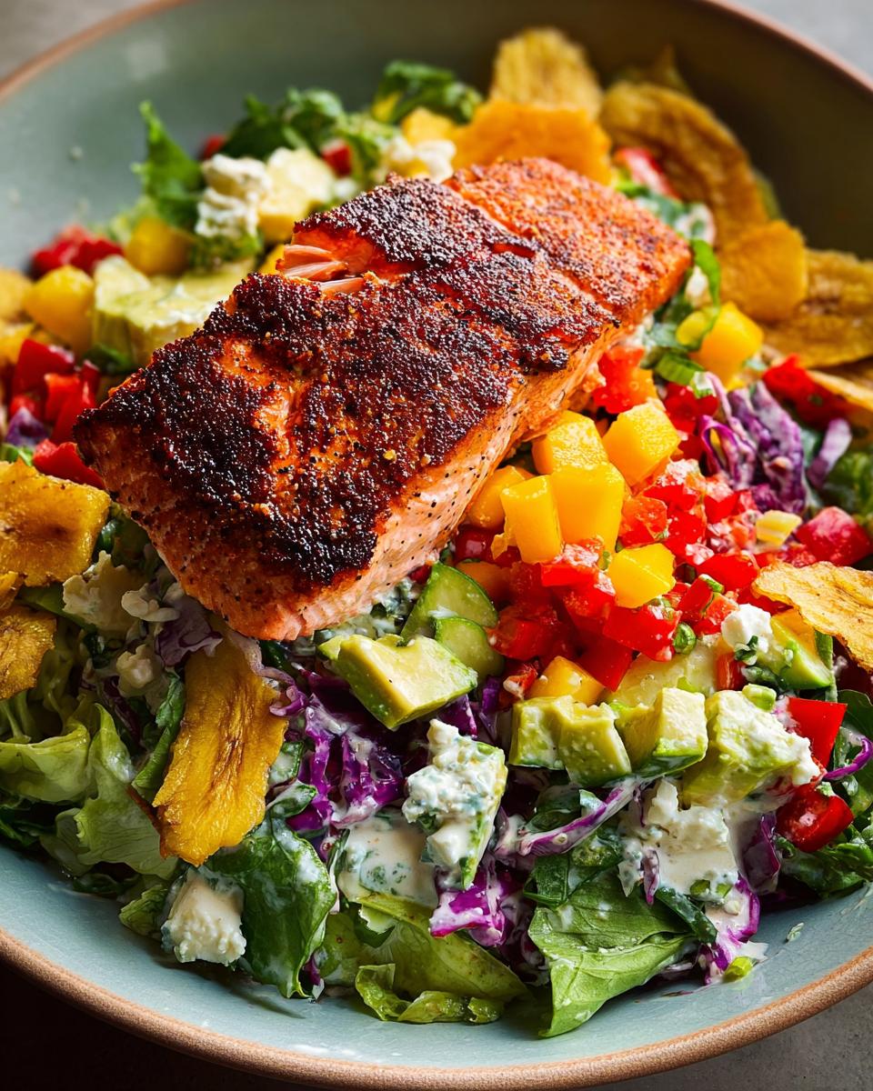 A vibrant salad topped with a perfectly cooked piece of salmon, featuring mango, avocado, red pepper, and plantain chips.