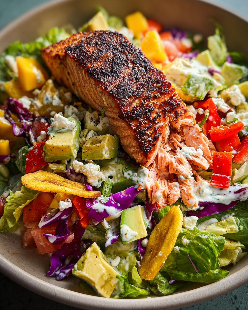 A vibrant salad topped with a perfectly cooked piece of salmon, featuring avocado, red bell pepper, and a creamy dressing.