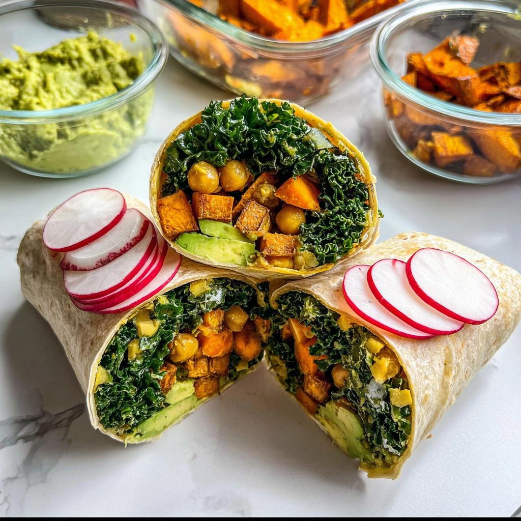 A delicious and healthy wrap filled with sweet potatoes, chickpeas, avocado, kale, and radishes, perfect for sandwich ideas meal prep.
