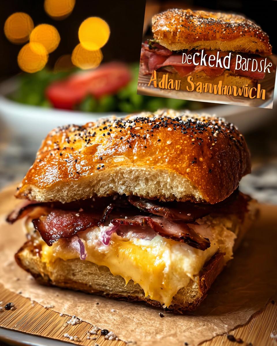 Close-up of a gourmet sandwich recipe with crispy bacon, melted cheese, and red onion on a seeded bun.