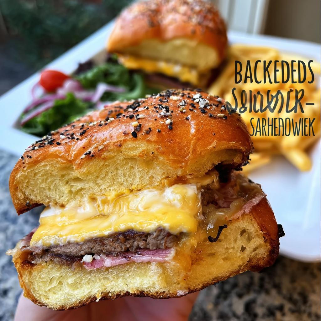 Close-up of a gourmet sandwich with a juicy patty, melted cheese, ham, and a toasted bun, part of sandwich ideas recipes.