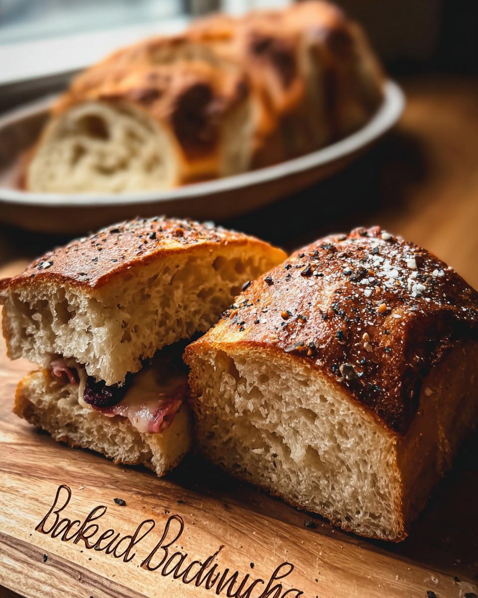 A close-up of a sandwich made with toasted bread, showing cheese and meat filling. Part of a whole loaf is in the background.