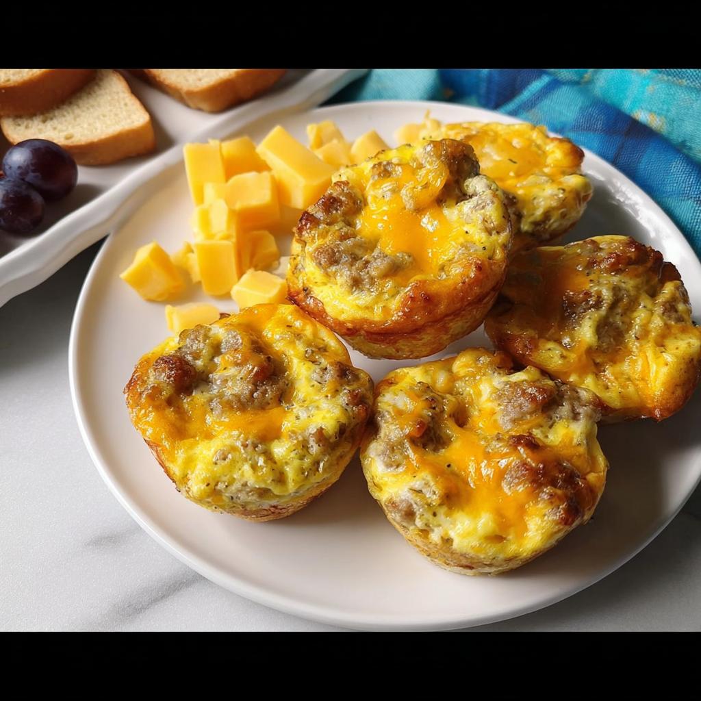Four savory sausage and cheese egg muffins, part of 20-Ingredient Breakfast Ideas Recipes.
