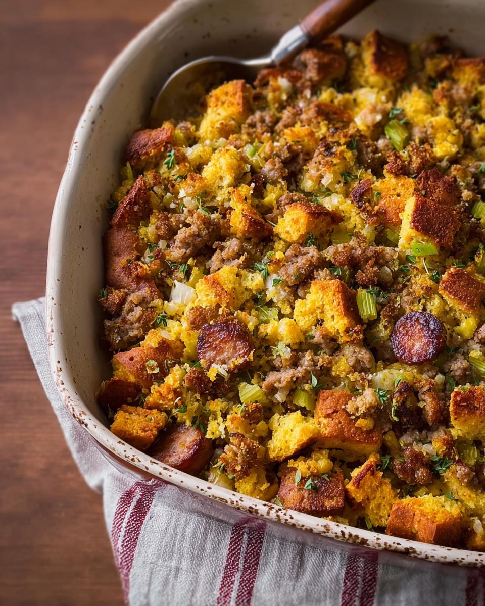 Close-up of a baking dish filled with delicious sausage and cornbread stuffing, a perfect side dish.