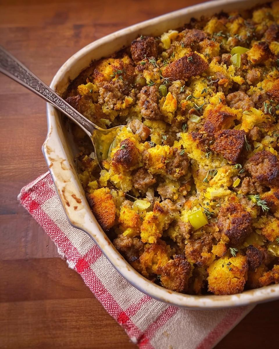 Close-up of a baking dish filled with sausage stuffing, a spoon is taking a scoop.