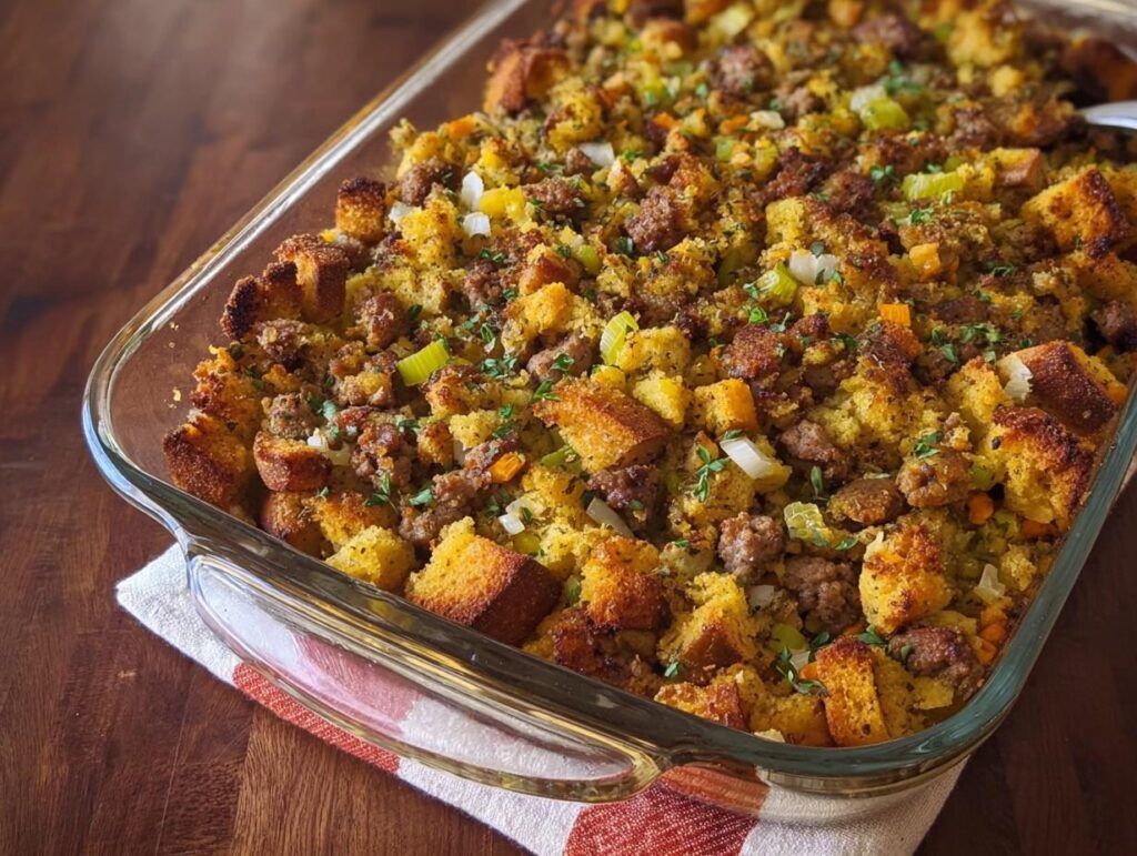 A close-up of a freshly baked sausage stuffing in a glass baking dish, featuring cornbread cubes, sausage crumbles, and herbs.