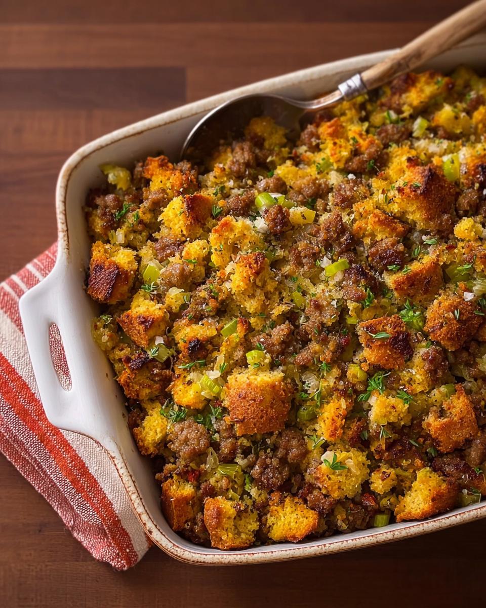 A close-up shot of a baking dish filled with savory sausage stuffing, featuring cornbread cubes, crumbled sausage, and celery.