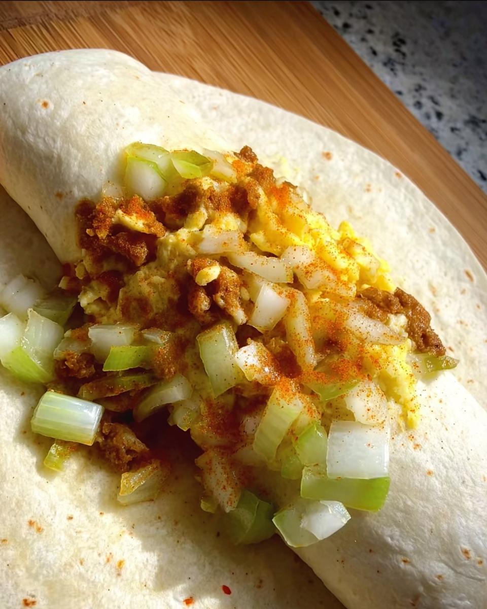 Close-up of a breakfast burrito filled with scrambled eggs, chopped onions, and a sprinkle of paprika, showcasing one of the many delicious egg recipes.