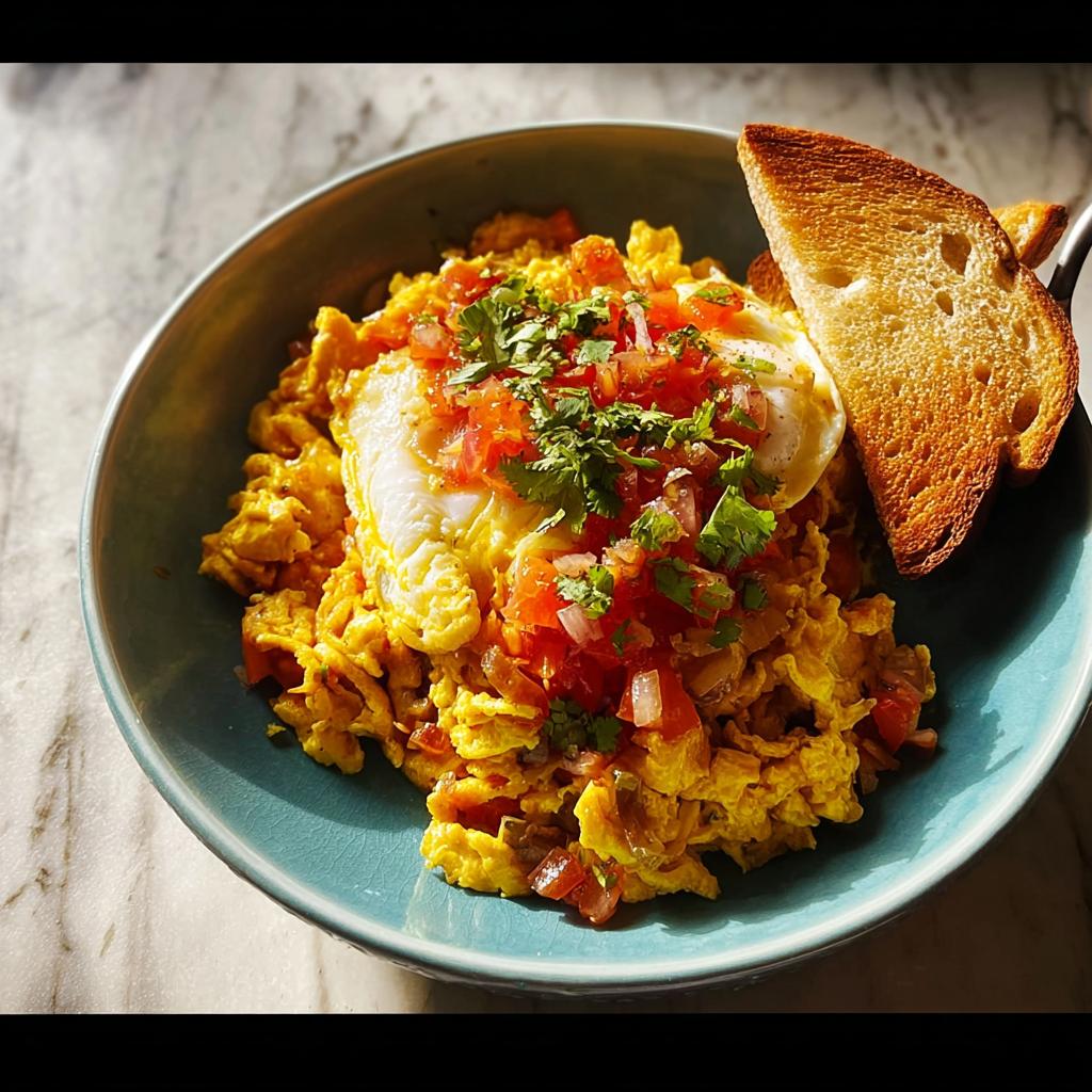 Scrambled eggs topped with pico de gallo and cilantro, served with toast. A quick egg recipe.