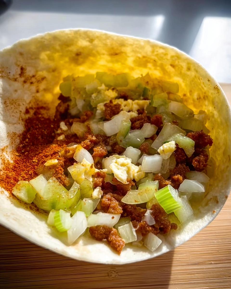 Close-up of a breakfast taco with scrambled eggs, chopped celery, onions, and spices.