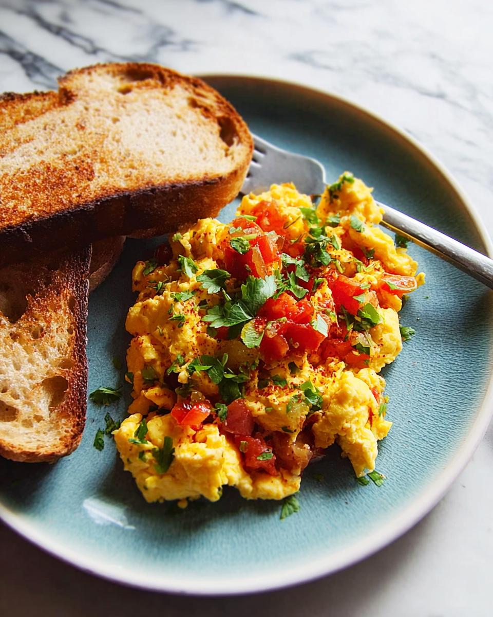 Scrambled egg recipes in 10 minutes, topped with diced tomatoes and parsley, served with toasted bread.