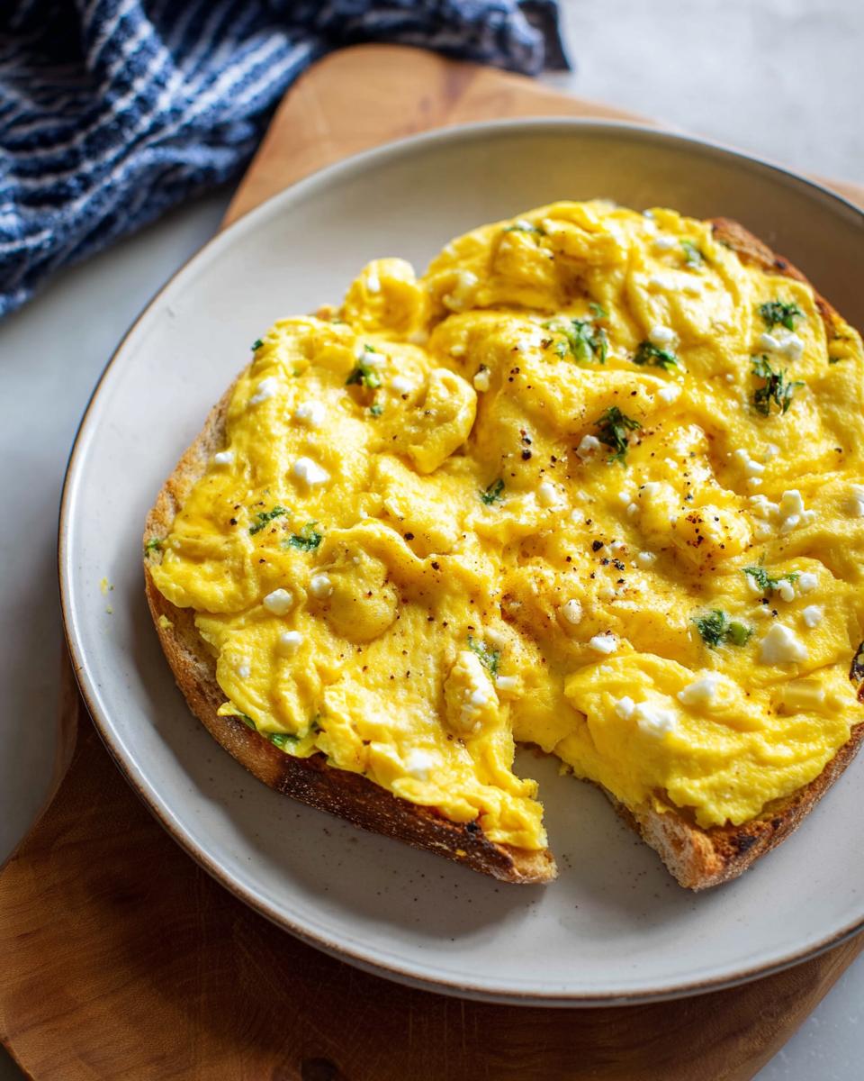 Fluffy scrambled eggs recipe piled high on toasted sourdough bread, topped with feta cheese and herbs.