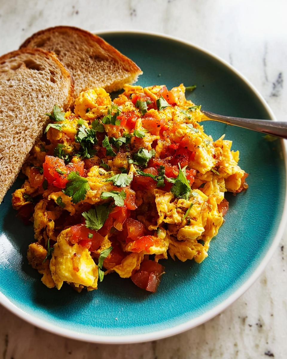 A vibrant plate of scrambled eggs with diced tomatoes and fresh cilantro, served with whole wheat toast. A perfect quick egg recipe.