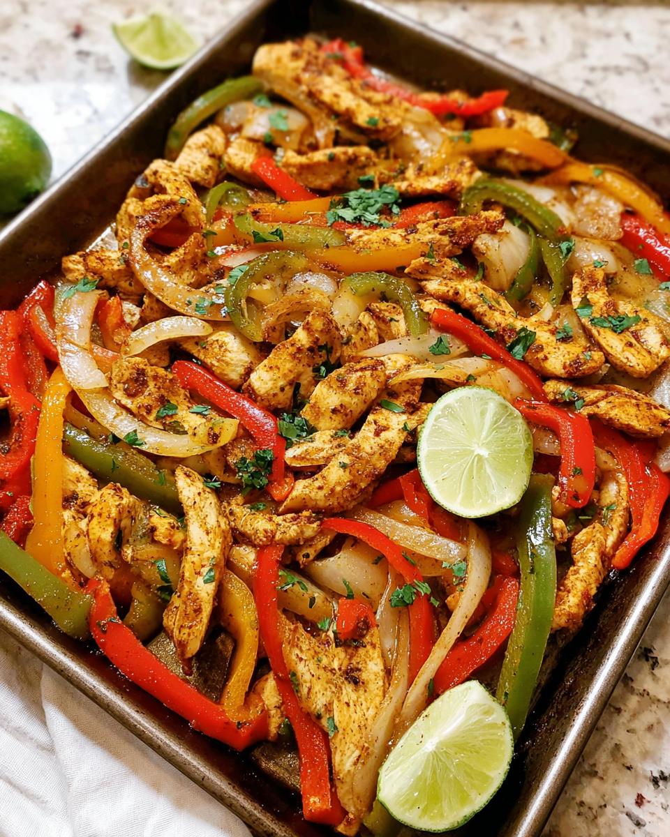 Colorful sheet pan chicken fajitas with sliced bell peppers, onions, and lime wedges, a perfect chicken recipe for busy weeknights.