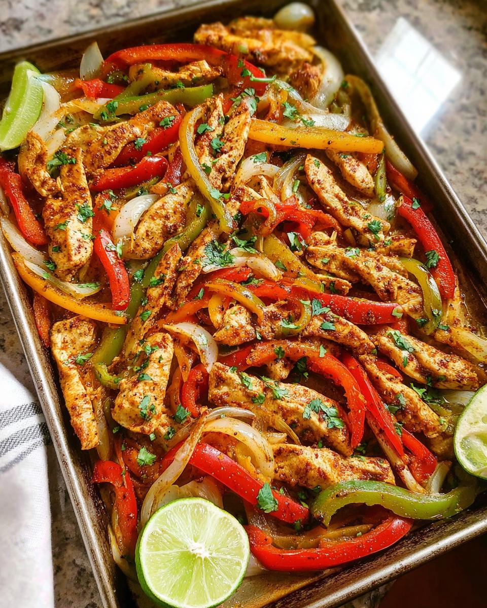Colorful sheet pan chicken fajitas with sliced chicken breast, red, yellow, and green bell peppers, and onions, garnished with cilantro and lime wedges.