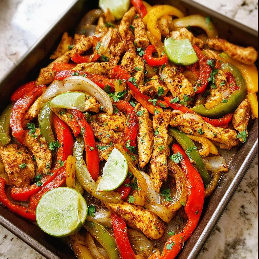 A colorful sheet pan filled with sliced chicken breast, red, green, and yellow bell peppers, onions, and lime wedges, seasoned for easy weeknight chicken recipes.