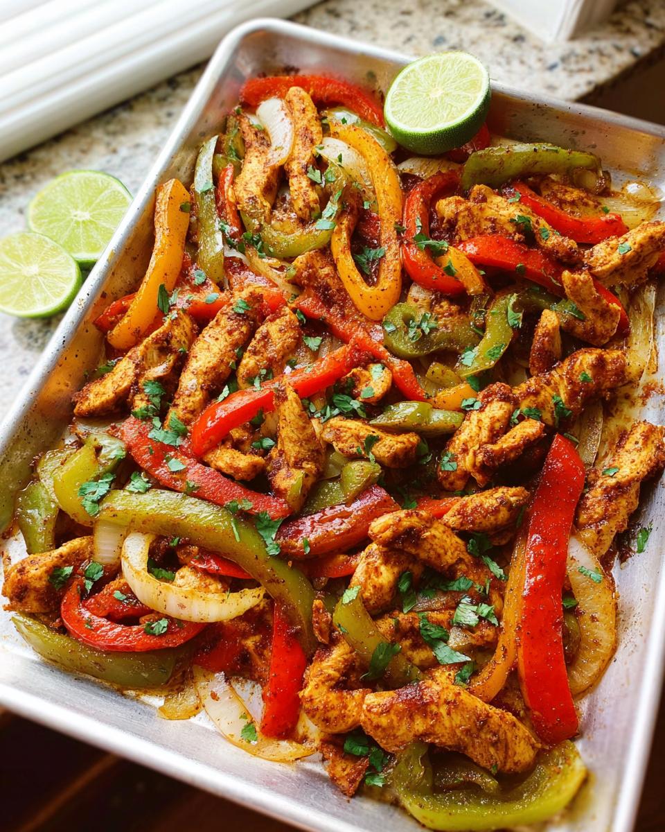 Sheet pan chicken fajitas with colorful bell peppers, onions, and lime wedges, seasoned and ready to serve.