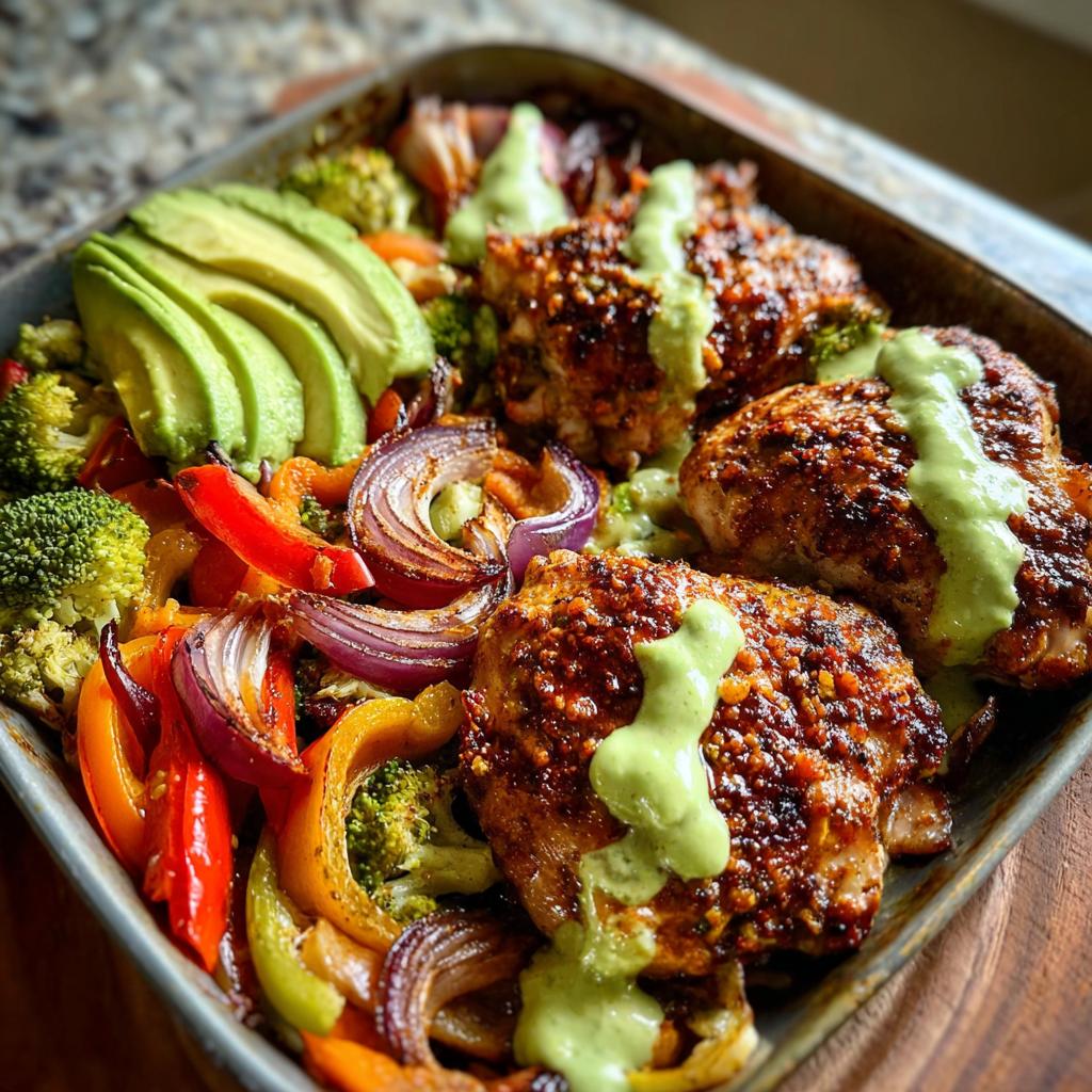 A colorful sheet pan meal featuring roasted chicken thighs, broccoli, bell peppers, red onion, and avocado, drizzled with a green sauce. A quick chicken recipe.