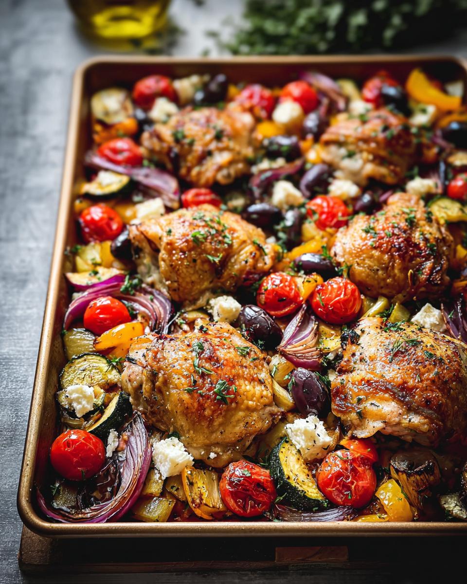 A close-up of a sheet pan meal with roasted chicken thighs, cherry tomatoes, zucchini, red onion, olives, and feta cheese.