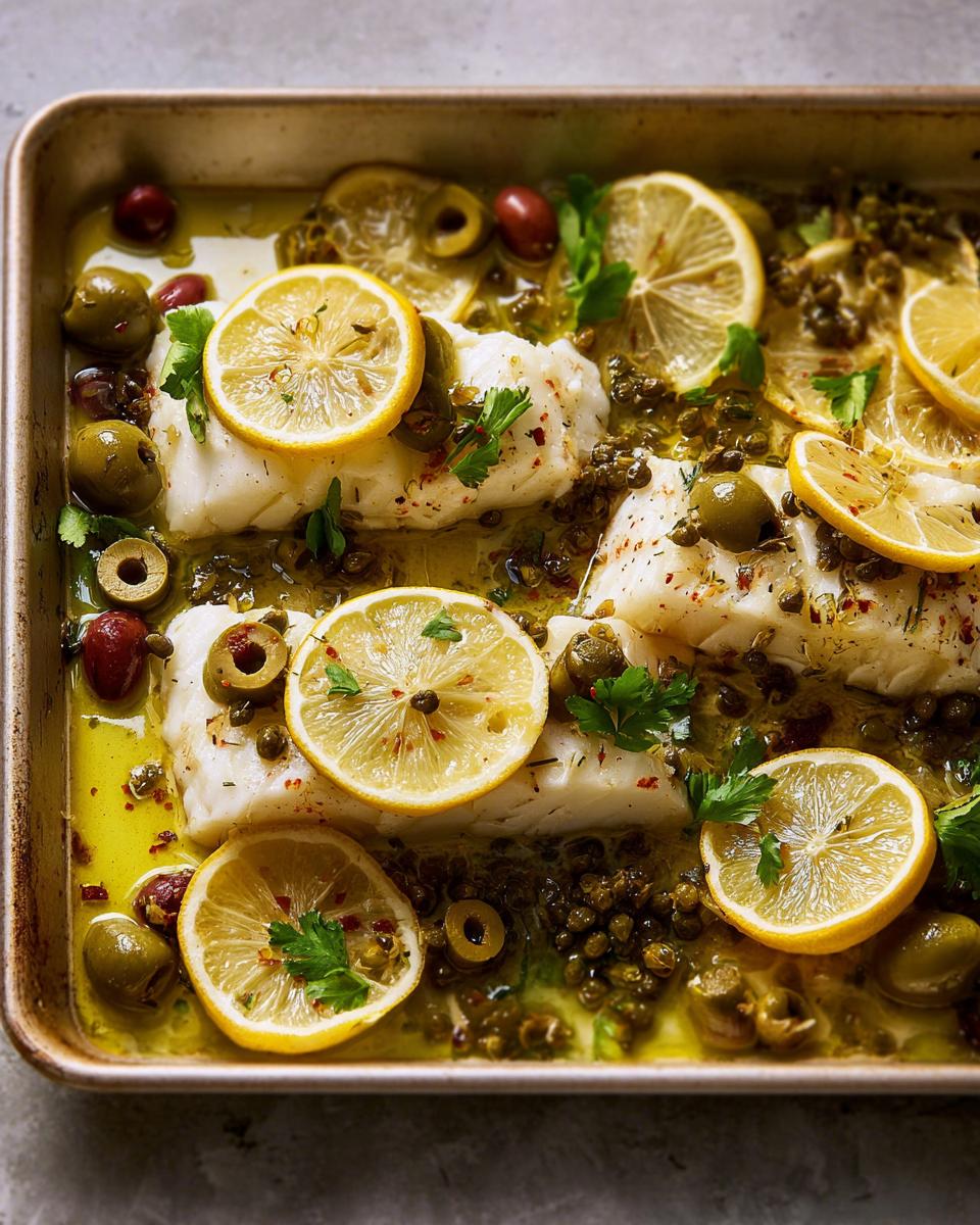 Sheet pan of white fish fillets baked with lemon slices, green olives, capers, and herbs.