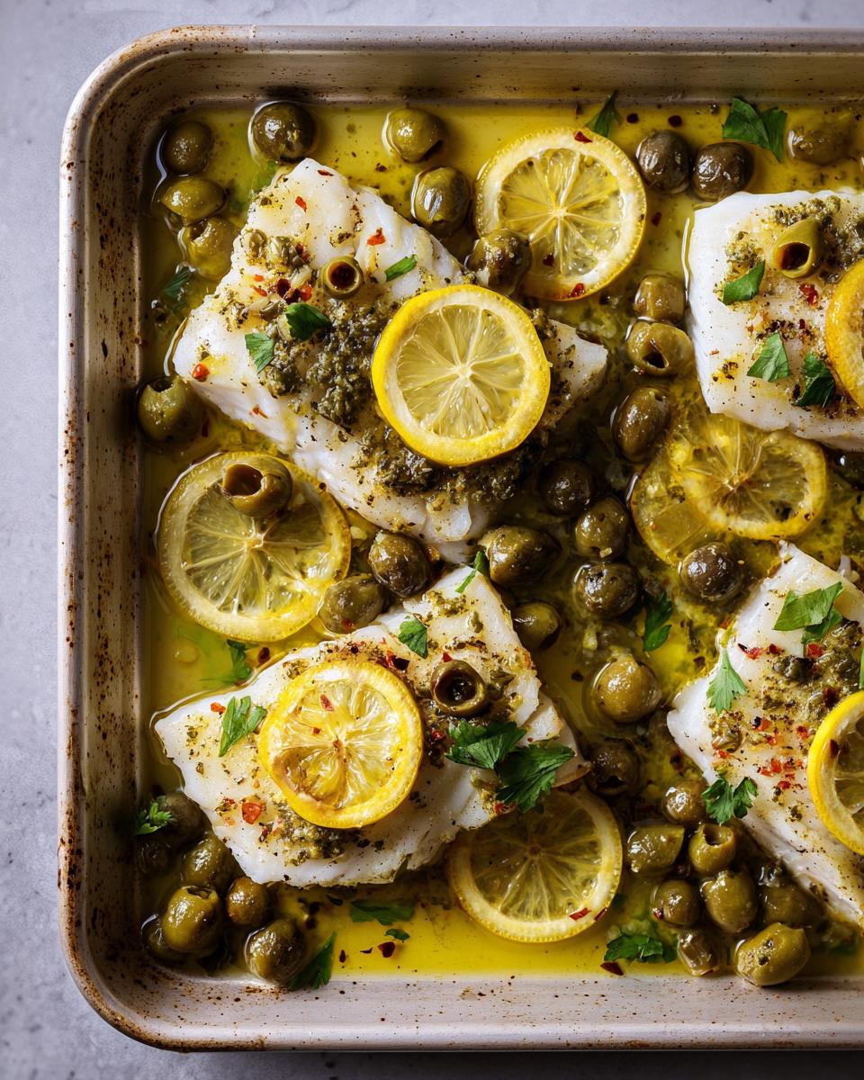 A close-up of a sheet pan filled with baked white fish fillets, topped with lemon slices, olives, and herbs.