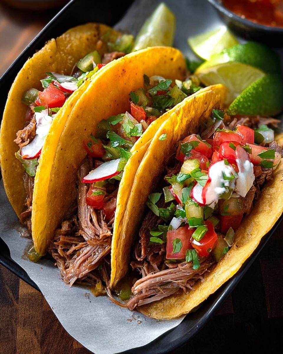 Close-up of three shredded beef tacos, topped with pico de gallo, radishes, and a dollop of crema, perfect for Taco Tuesday.