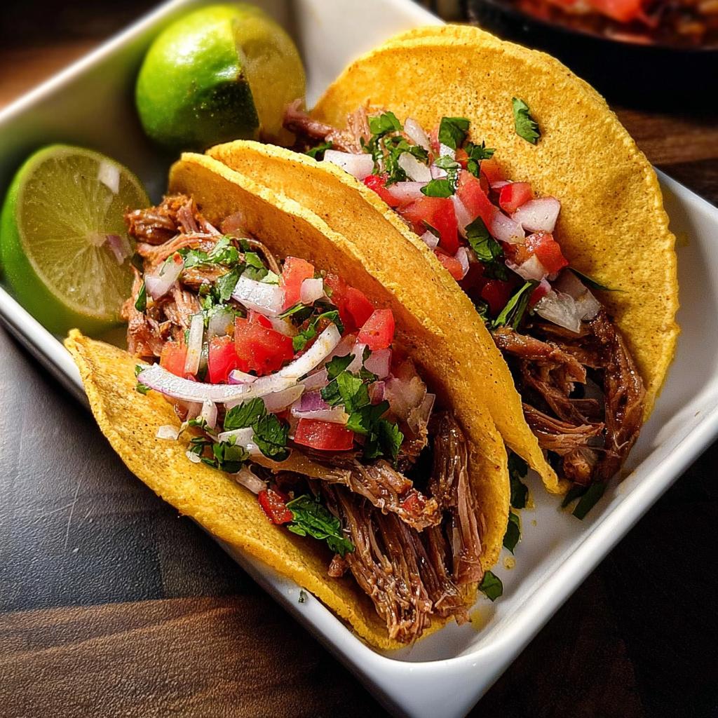Two savory shredded beef tacos topped with pico de gallo and cilantro, served with lime wedges for Taco Tuesday.