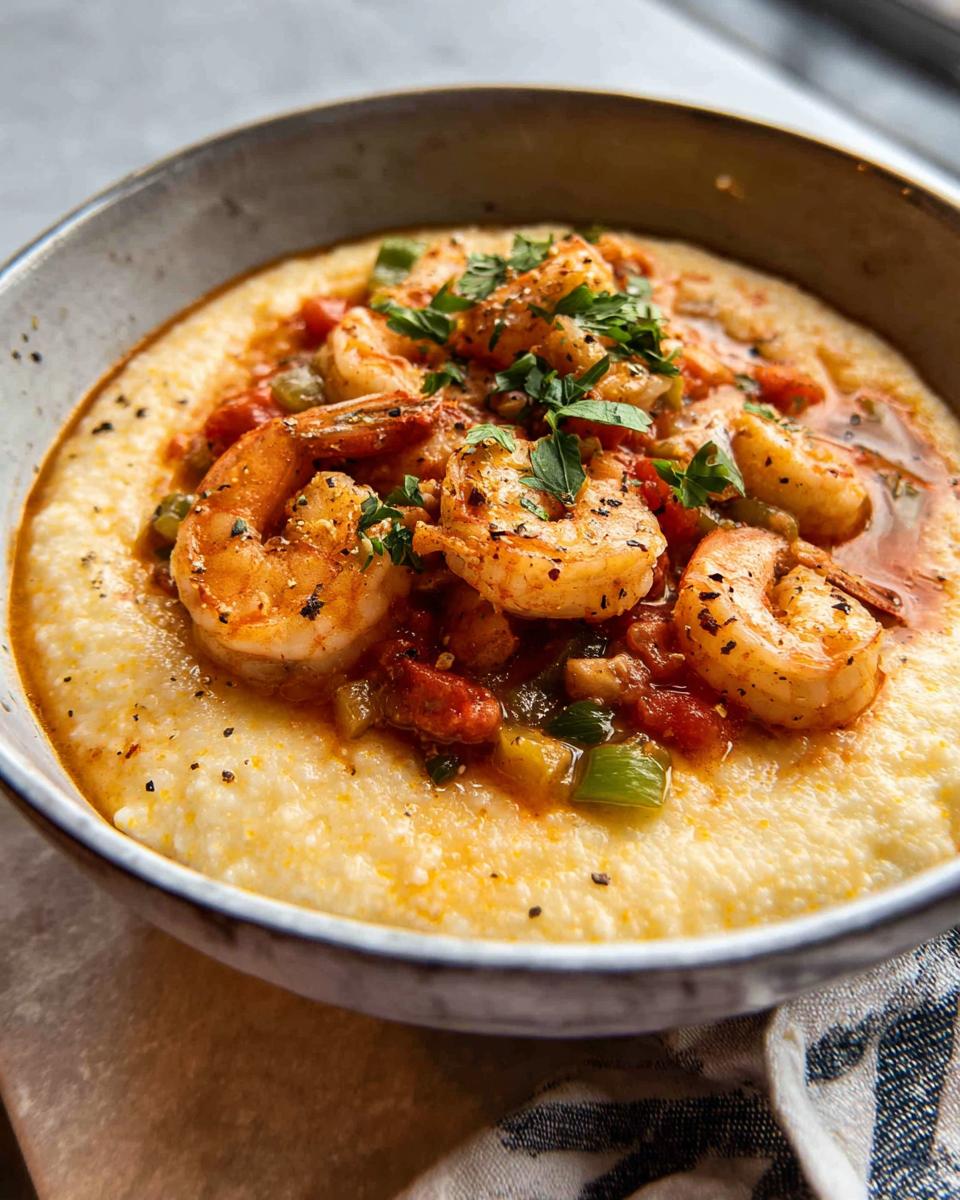 Close-up of creamy grits topped with seasoned shrimp and a tomato-based sauce, garnished with parsley. A delicious 25-ingredient shrimp recipe.