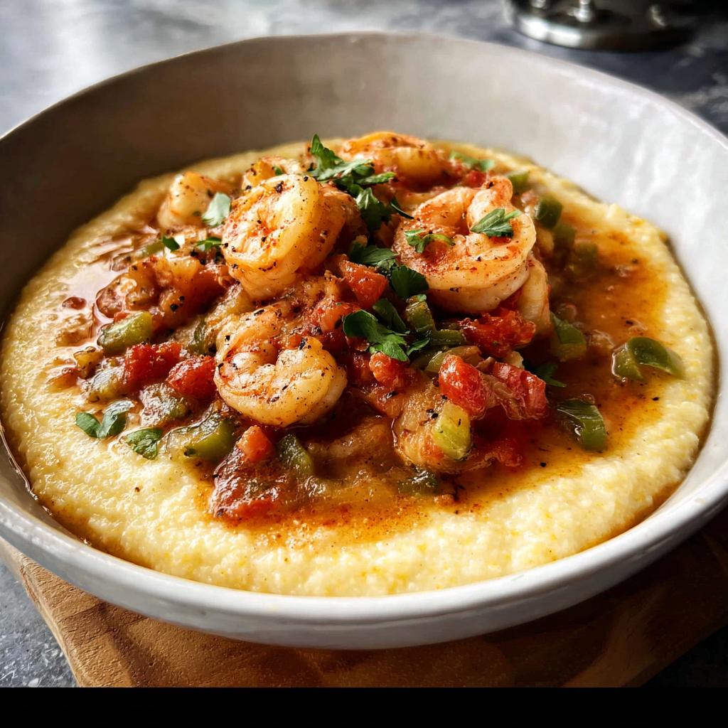 A close-up of creamy grits topped with seasoned shrimp and a savory tomato-pepper sauce, garnished with parsley. A perfect 25-Ingredient Shrimp Recipe.