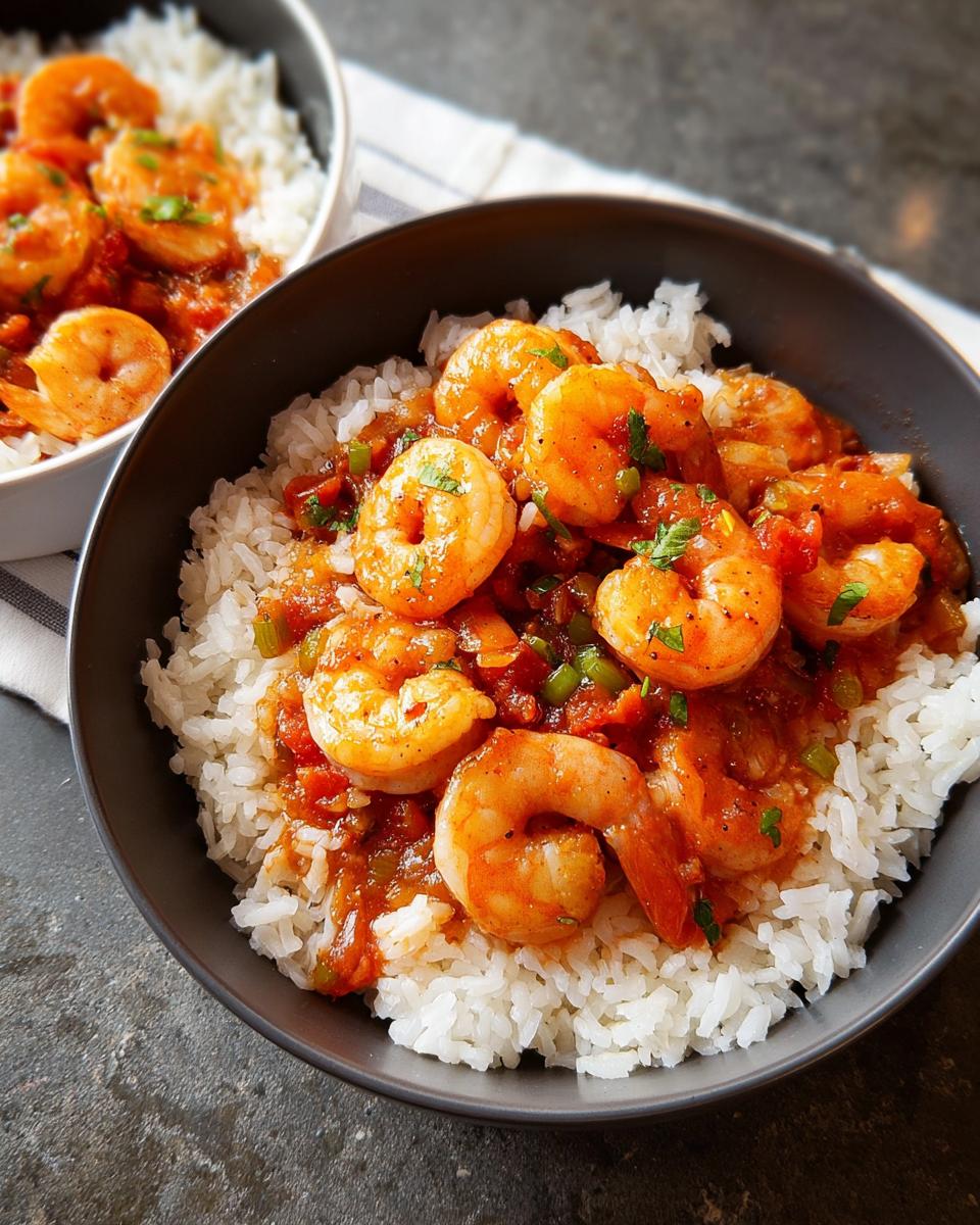 A close-up of a bowl filled with fluffy white rice topped with succulent shrimp in a rich tomato-based sauce, a perfect shrimp recipe.