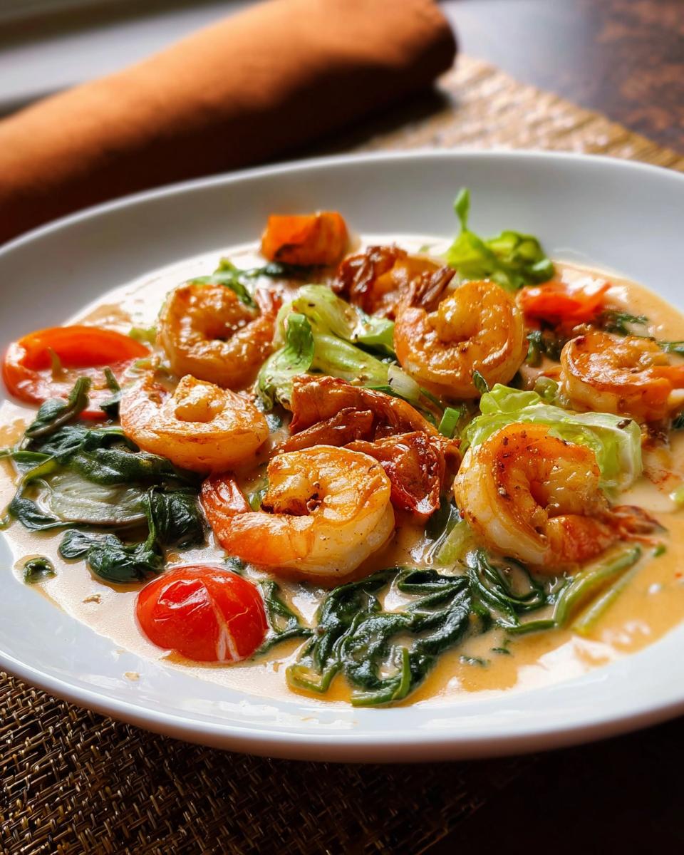A close-up of a creamy shrimp recipe with cherry tomatoes, spinach, and lettuce.