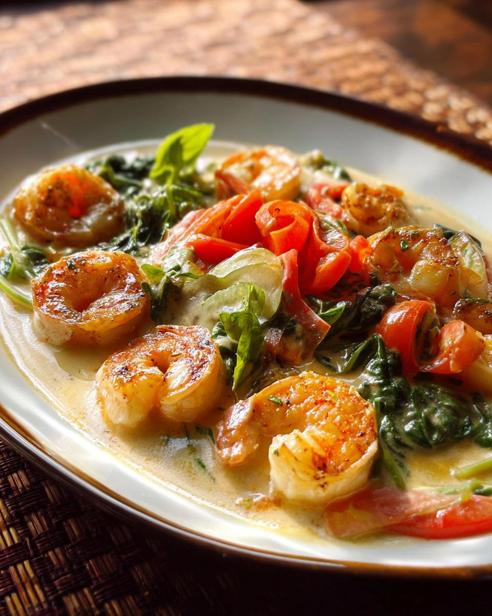 A close-up of a creamy shrimp recipe with cherry tomatoes and spinach, perfect for make-ahead meals.