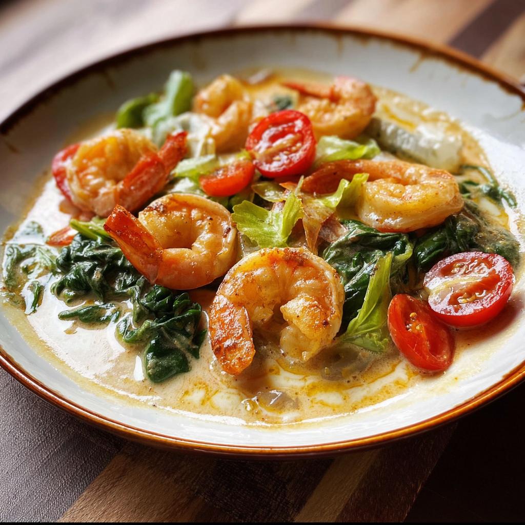 Close-up of a creamy shrimp recipe dish with cherry tomatoes and spinach.