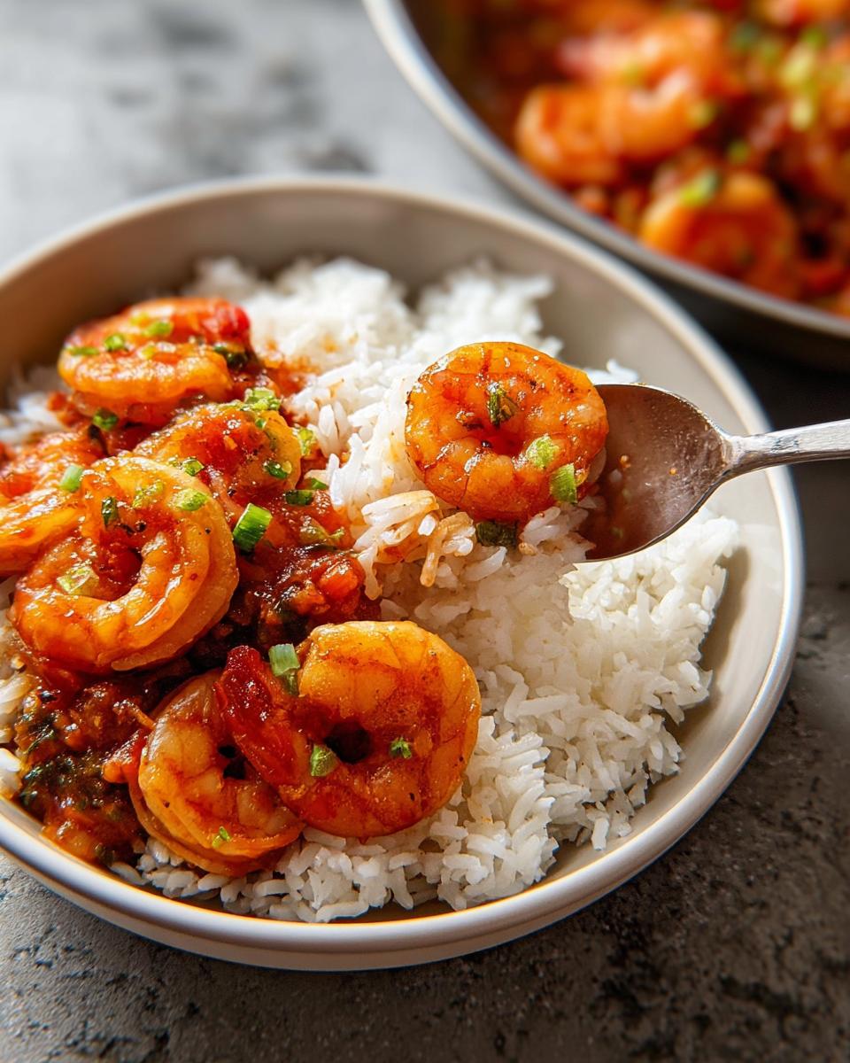 A bowl of white rice topped with saucy shrimp and green onions, a spoonful of shrimp is being lifted.