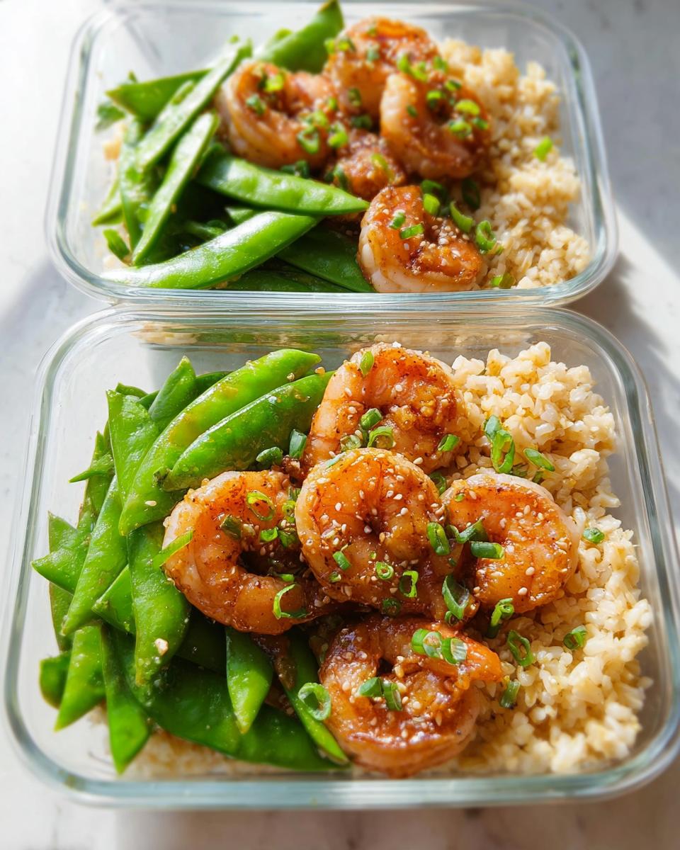 Two meal prep containers filled with shrimp recipes, snow peas, and brown rice, garnished with sesame seeds and green onions.