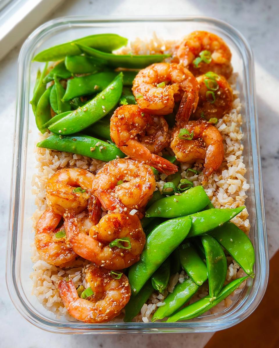 Close-up of a meal prep container filled with brown rice, glazed shrimp, and snap peas, perfect for shrimp recipes meal prep.