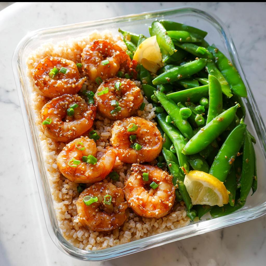 Meal prep container filled with brown rice, glazed shrimp, and sugar snap peas, a perfect example of shrimp recipes meal prep.