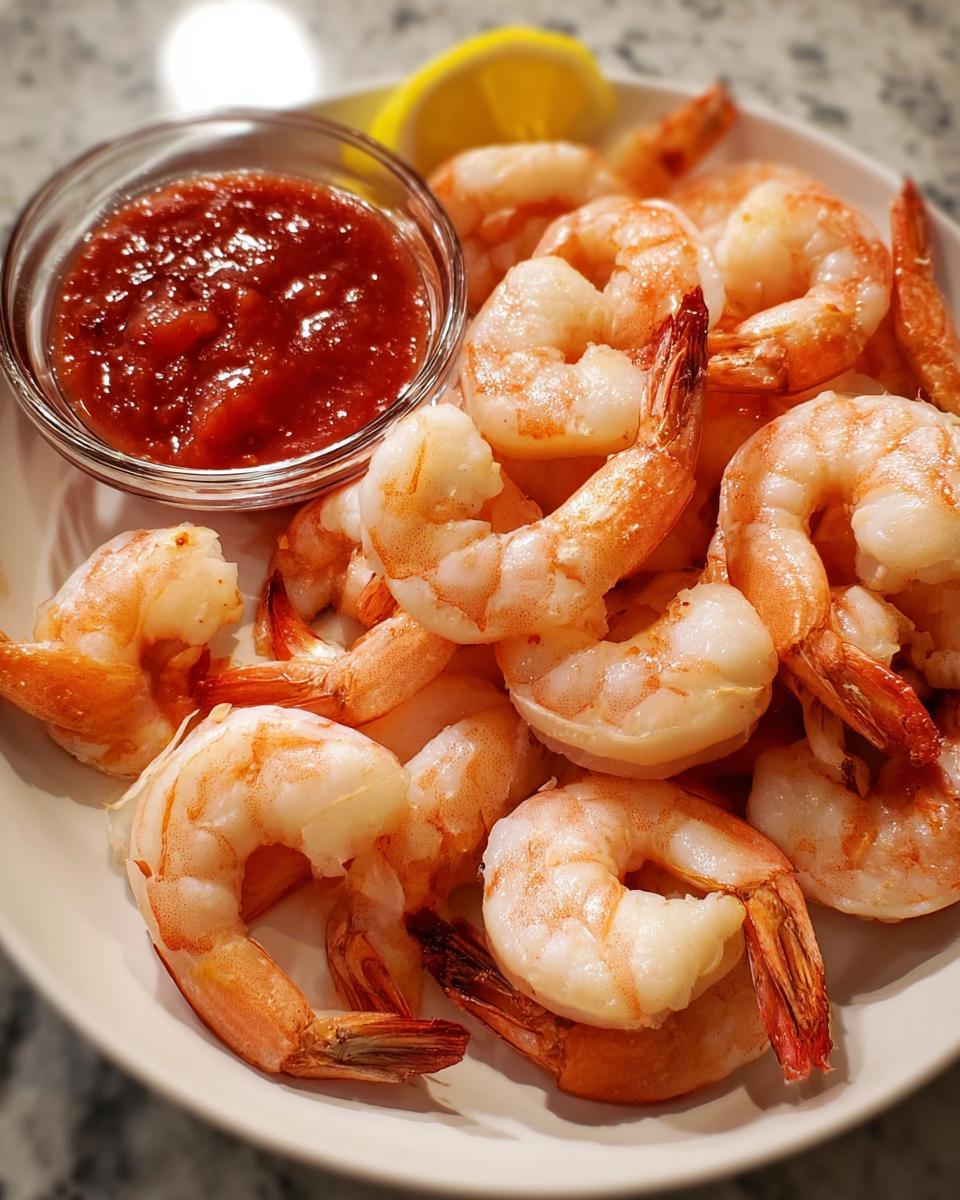A platter of perfectly cooked shrimp recipes, served with cocktail sauce and a lemon wedge.