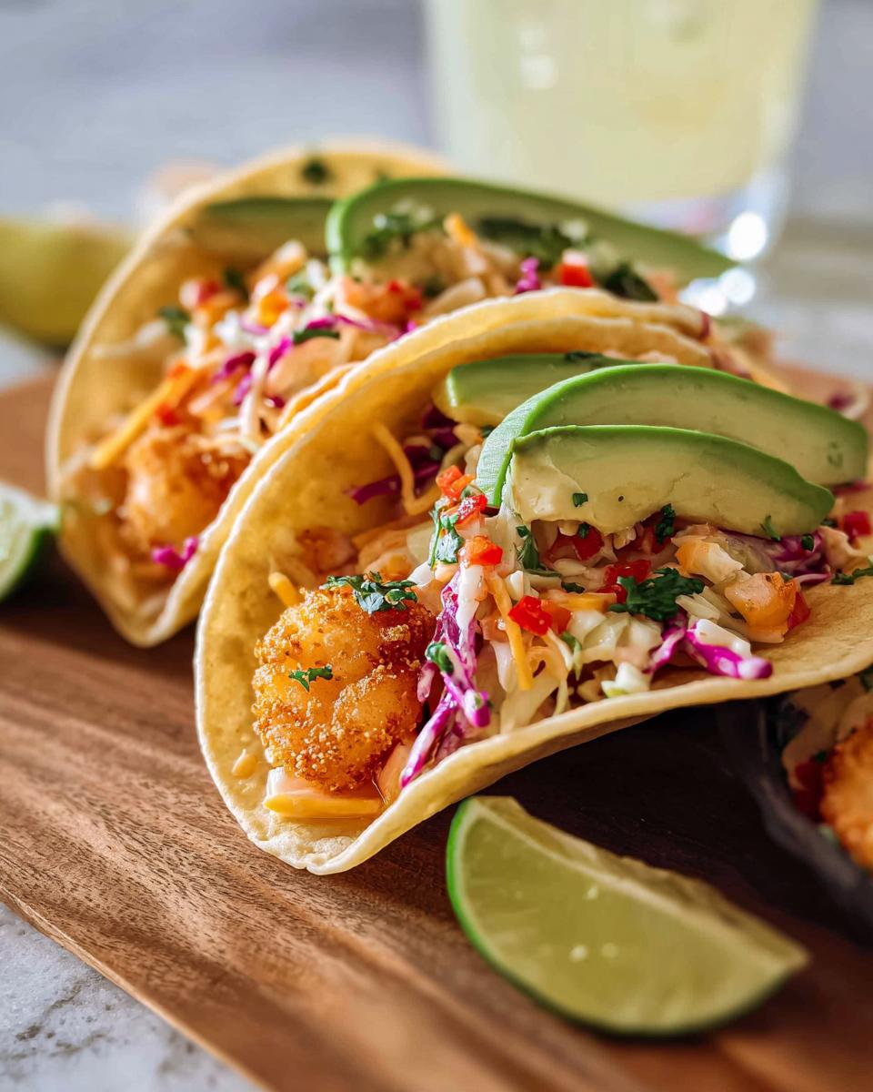 Close-up of three crispy shrimp tacos with avocado, slaw, and lime wedges, perfect for quick shrimp recipes.
