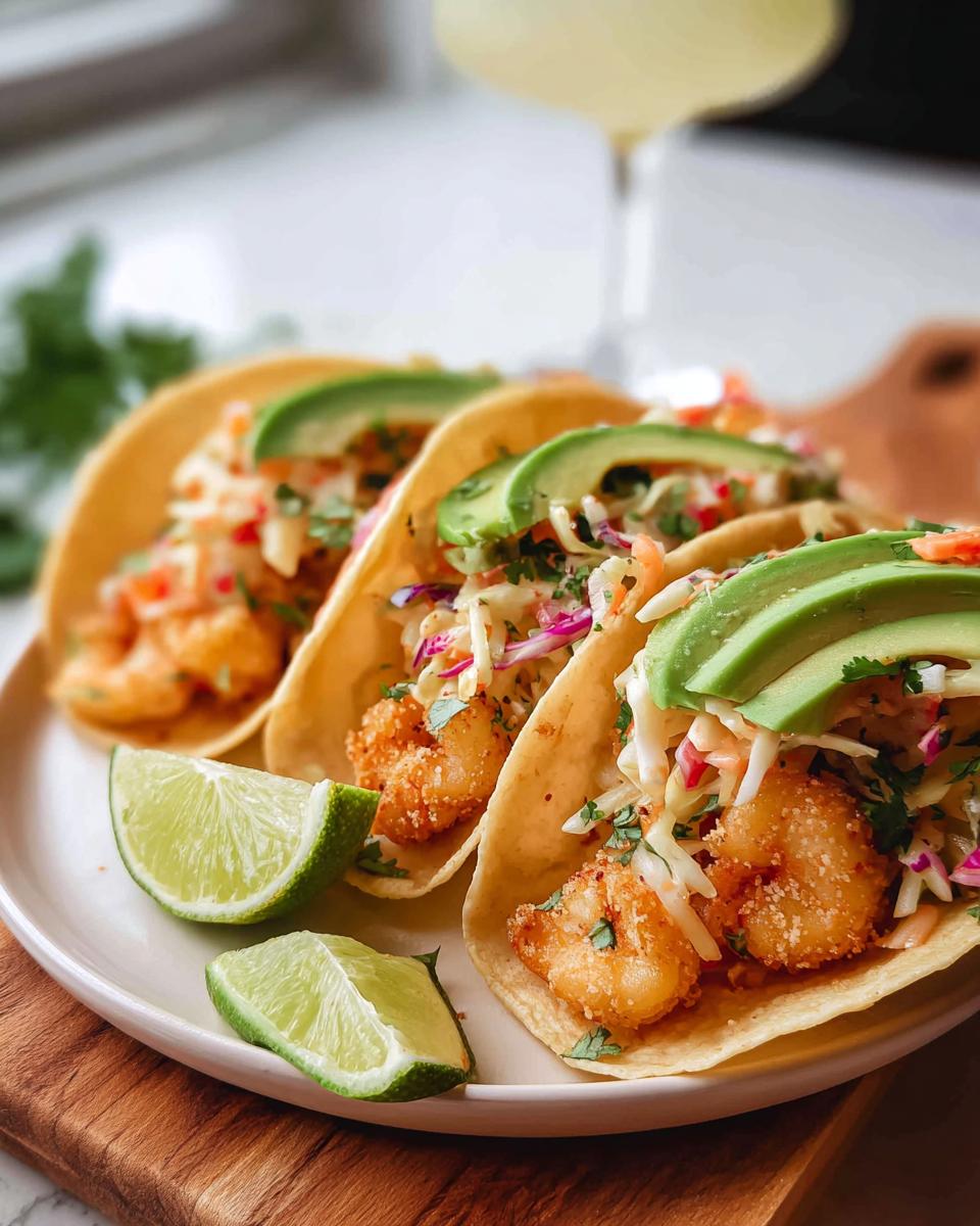 Three crispy shrimp tacos topped with slaw, avocado, and cilantro, served with lime wedges. A perfect example of quick shrimp recipes.