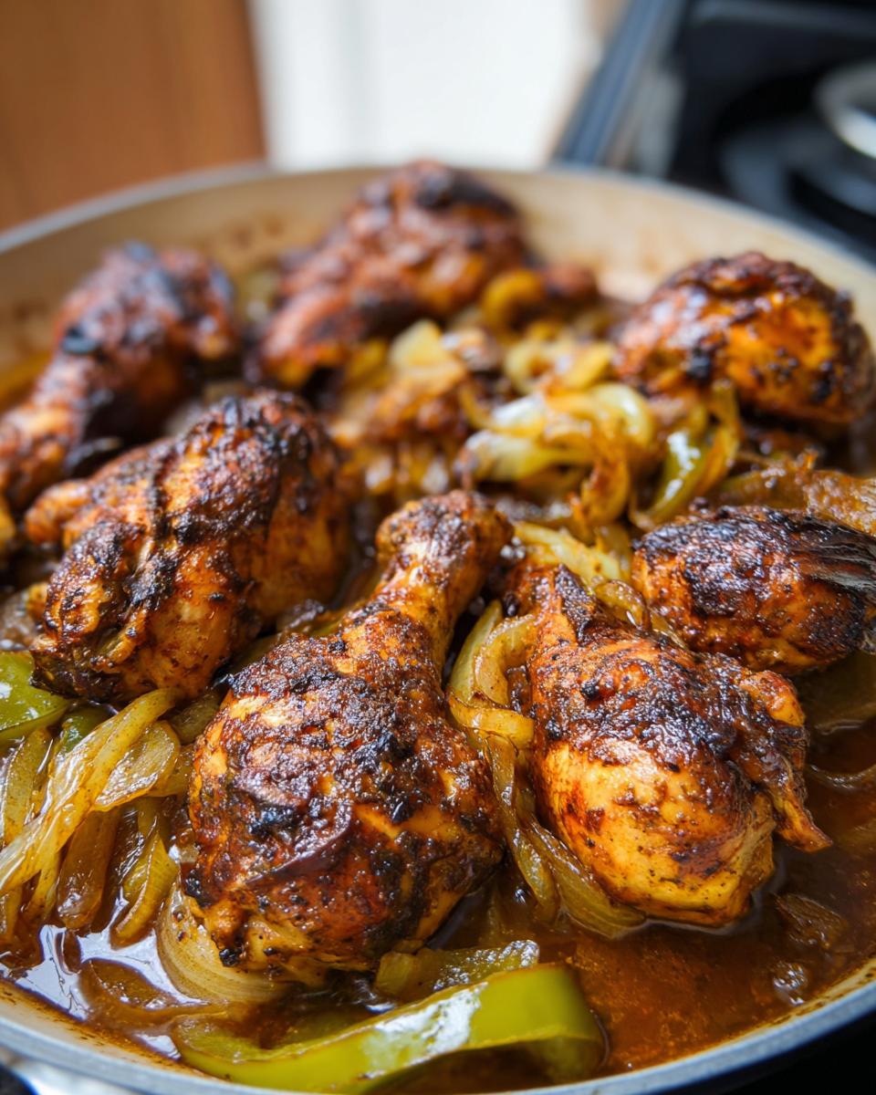 Close-up of a skillet filled with seasoned chicken drumsticks and sliced onions and peppers.